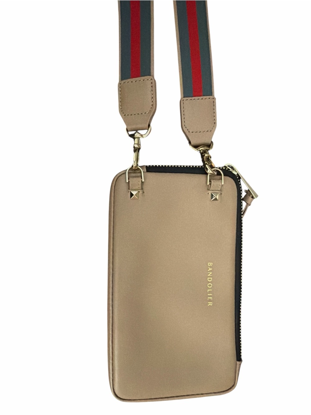 Bandolier Tan Crossbody Phone Pouch with Red-Green Stripe Strap